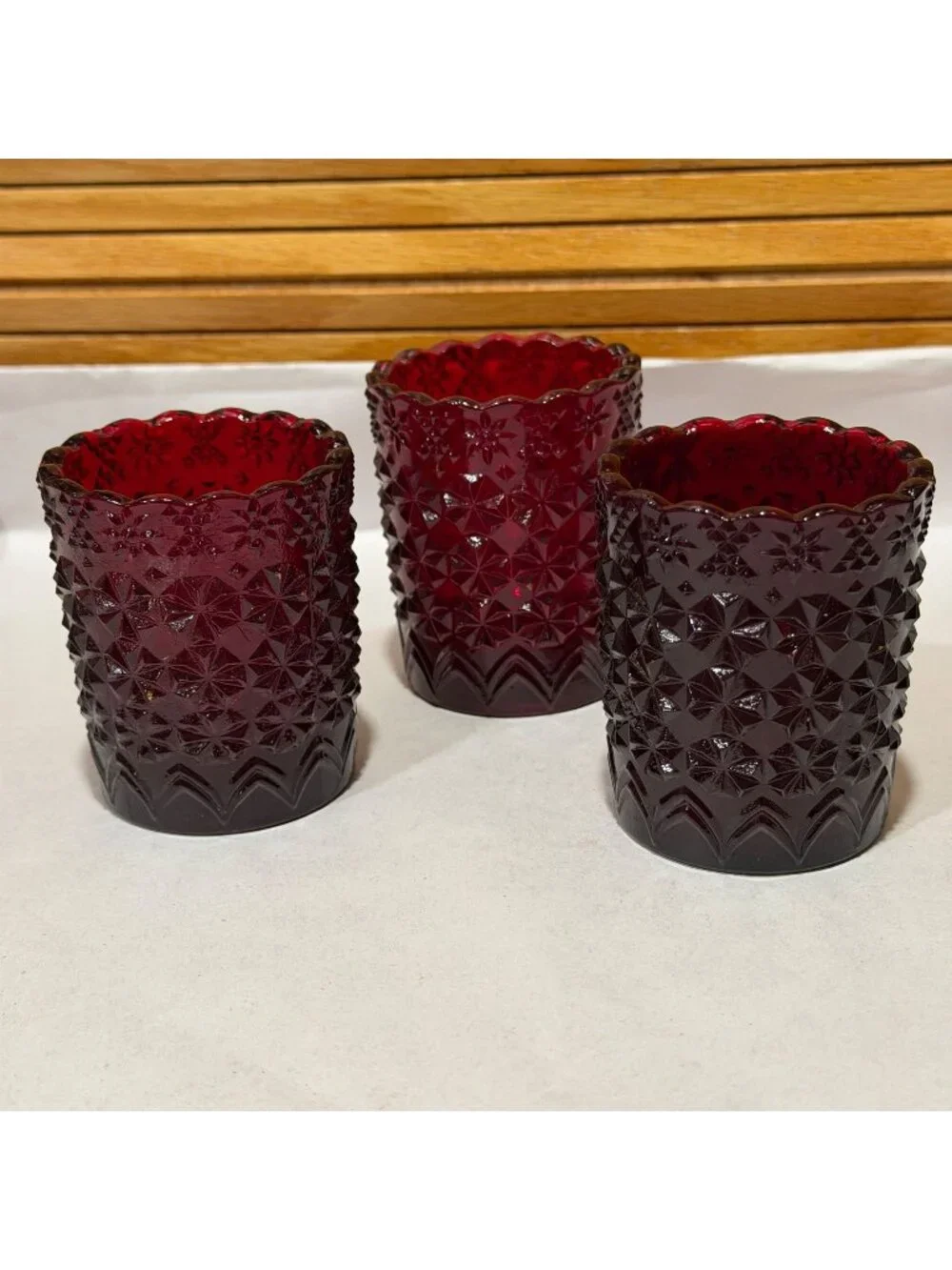 Vintage Red Cadmium Glow Set of 3 Daisy and Button Votive Candle Holders 2.75